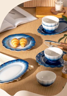 2024 Floral Ceramic Dining Plate Set Tableware Porcelain Blue Stoneware Dinnerware Set