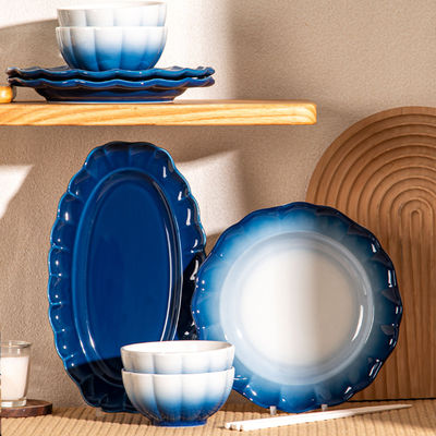 Gradient Blue And White Dinnerware Set Ceramic Floral Bone Tableware For Mother'S Day