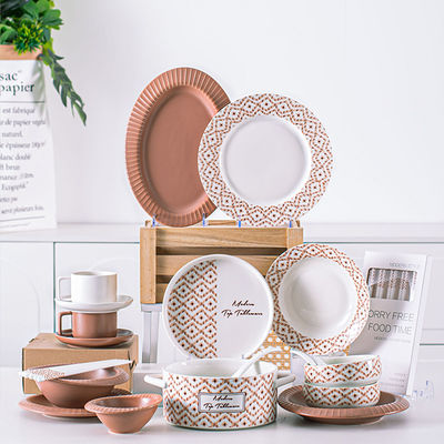 Under Glazed Technique Ceramic Dinnerware Sets For 6 People In Green Gray Brown Color