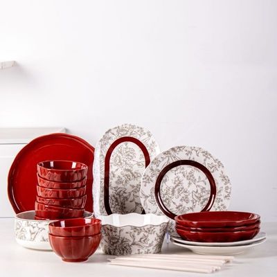Floral Red Table Mat Included 6-Piece Porcelain Dinnerware Set For Chinese Year