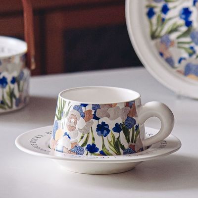 European Style Ceramic Mugs And Saucers Set Of 6 250ml Capacity Beautiful Flower Design