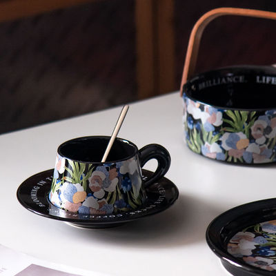 Black Ceramic Coffee Cups With Saucer And Dessert Plate Flower Design Latte Art Cups
