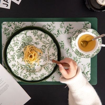 Sustainable Light Green Ceramic Dinnerware Set With Water Proof Flower Placemat