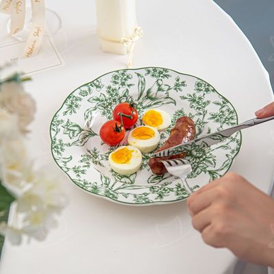 Sustainable Light Green Ceramic Dinnerware Set With Water Proof Flower Placemat