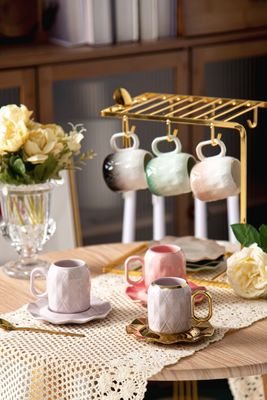 90ml Volume Luxury Ceramic Cup Saucer Set Coffee And Tea 6 Pcs Retro Design Style