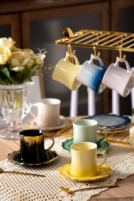 90ml Volume Luxury Ceramic Cup Saucer Set Coffee And Tea 6 Pcs Retro Design Style