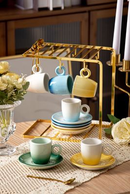 90ml Volume Luxury Ceramic Cup Saucer Set Coffee And Tea 6 Pcs Retro Design Style