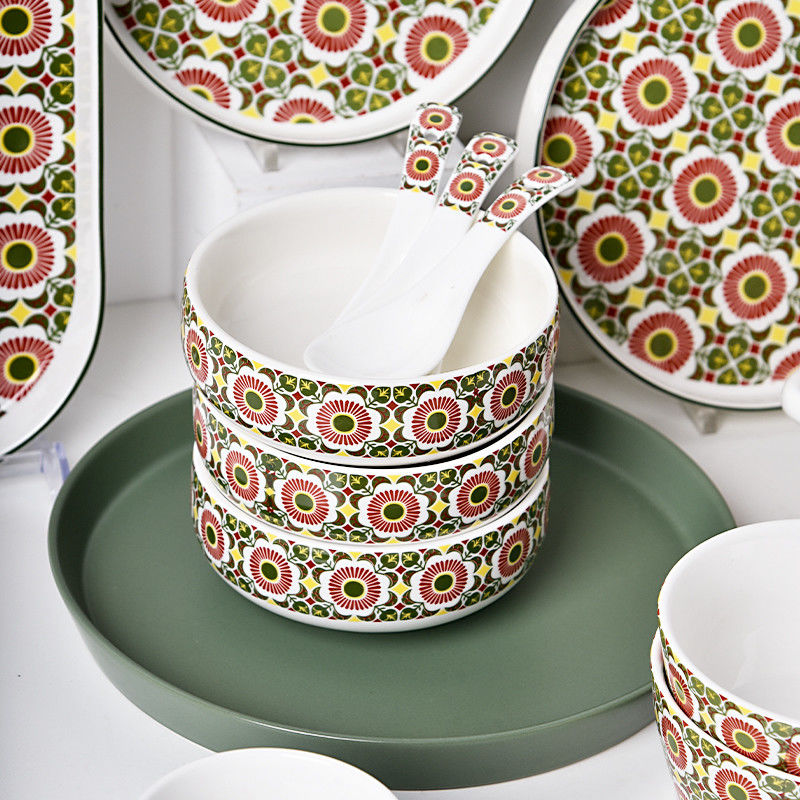 Kitchen Tabletop Ceramic Plates Set Bohemian Style Print Dinner Plate Dessert Plate
