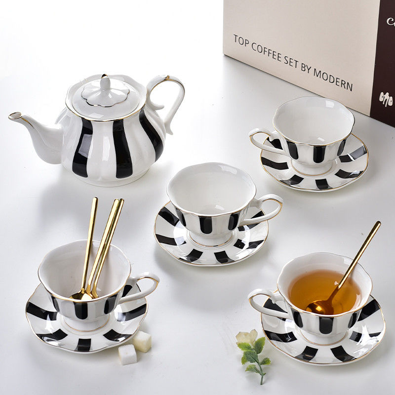 Light Luxury Ceramic Teapot Set With Gold Rim Porcelain Coffee Cups And Saucers