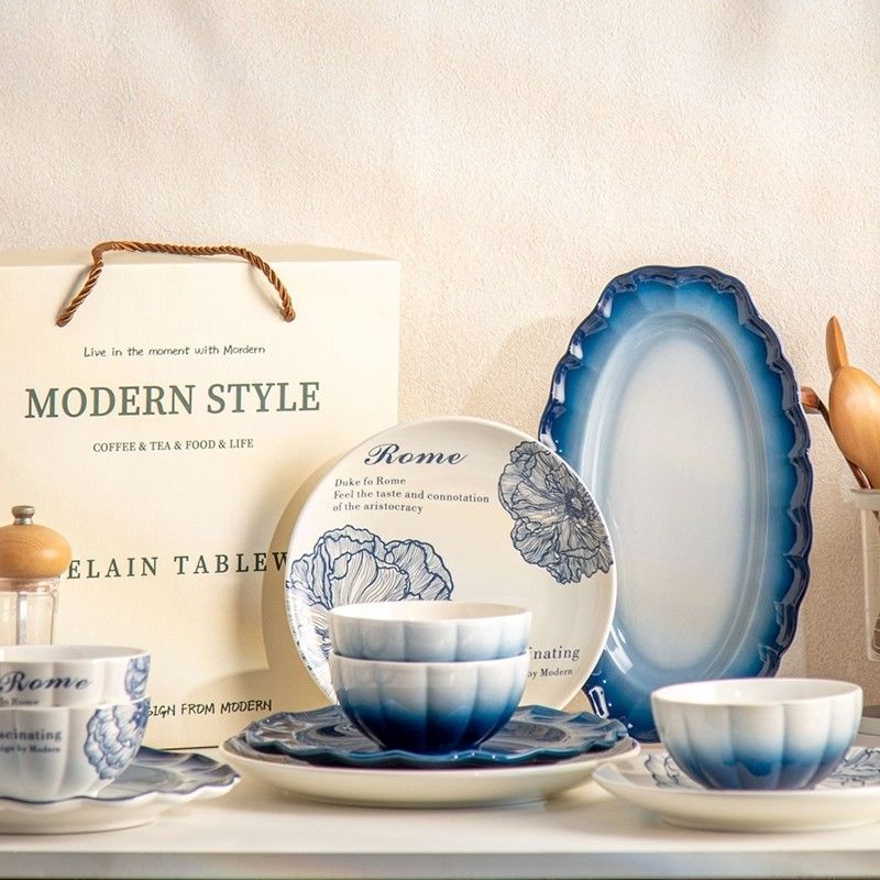 Design Ceramic Blue Plate Porcelain Dinner Set Plates And Bowls Gradient For Presents