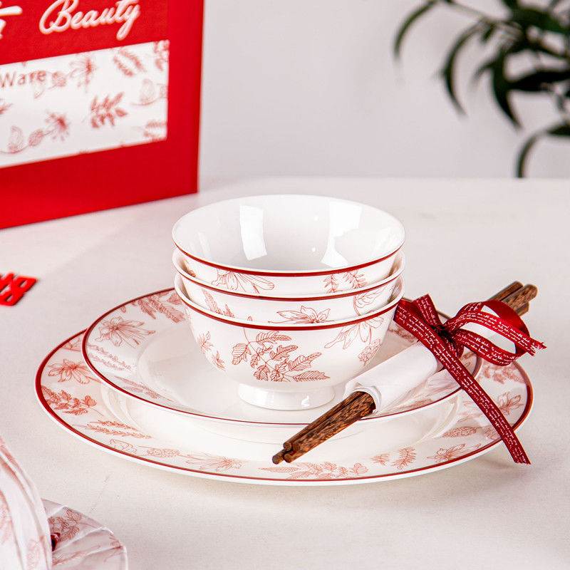Ceramic Nordic Style Luxury Tableware Porcelain Plant Pattern Dinnerware For 8 People