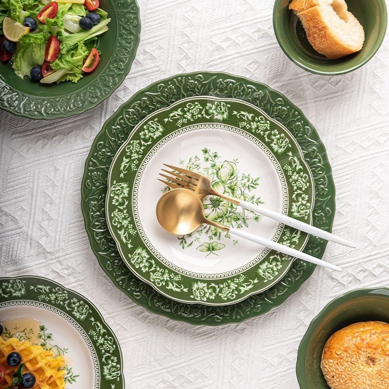 Europe Design Purple Green Gray Embossed Relief Floral Ceramic Tableware For Occasion
