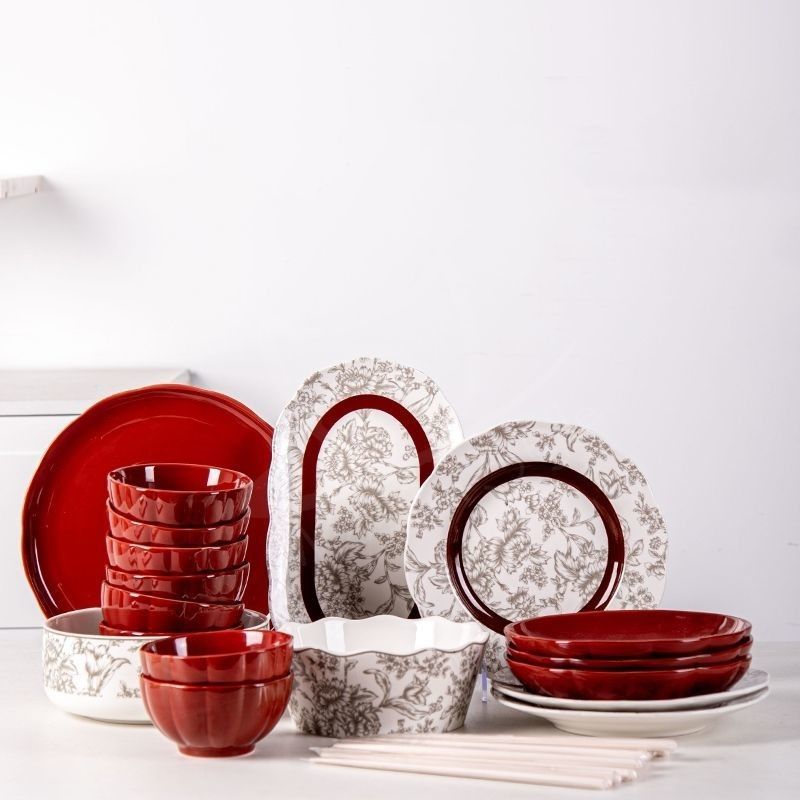 Floral Red Table Mat Included 6-Piece Porcelain Dinnerware Set For Chinese Year